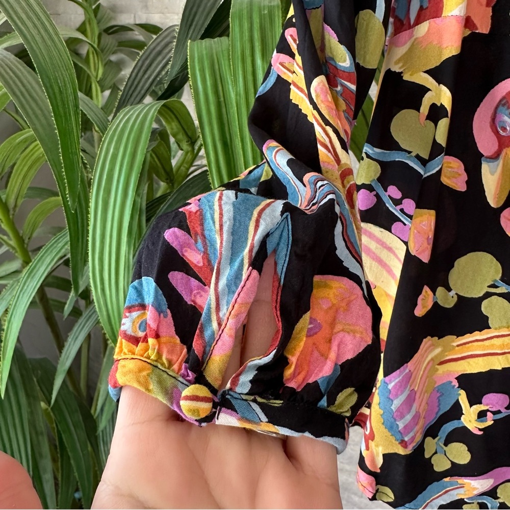 BANJANAN Elise Tropical Floral Bird Multicolor Viscose Blouse Size M - Picture 3 of 9